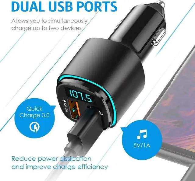 Alt view image 2 of 6 - Upgraded Criacr V5.0 Bluetooth FM Transmitter for Car, QC3.0 Charge & 7 RGB Color LED Backlit Wireless FM Radio Car Adapter, Support Siri Google Assitant, U Disk, SD Card, Hands-Free Calls Kit