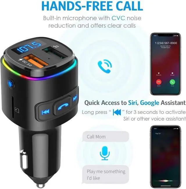 Alt view image 3 of 6 - Upgraded Criacr V5.0 Bluetooth FM Transmitter for Car, QC3.0 Charge & 7 RGB Color LED Backlit Wireless FM Radio Car Adapter, Support Siri Google Assitant, U Disk, SD Card, Hands-Free Calls Kit