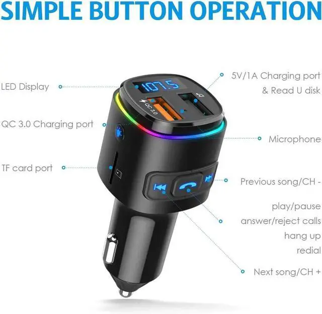 Alt view image 6 of 6 - Upgraded Criacr V5.0 Bluetooth FM Transmitter for Car, QC3.0 Charge & 7 RGB Color LED Backlit Wireless FM Radio Car Adapter, Support Siri Google Assitant, U Disk, SD Card, Hands-Free Calls Kit