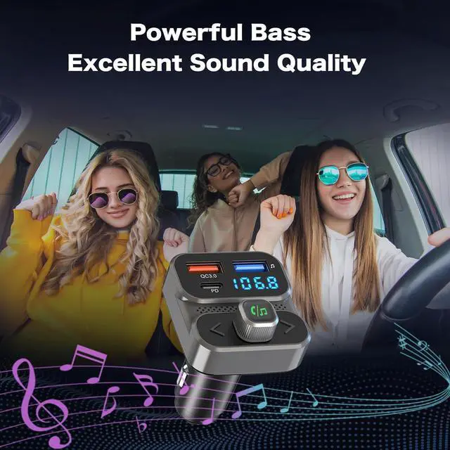 Alt view image 6 of 7 - Bluetooth 5.0 FM Transmitter for Car, Built-in Microphone, USB Charging Port, Black, BC95LK