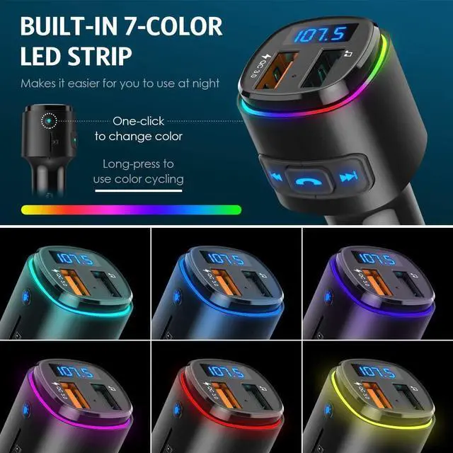 Alt view image 4 of 6 - Upgraded Criacr V5.0 Bluetooth FM Transmitter for Car, QC3.0 Charge & 7 RGB Color LED Backlit Wireless FM Radio Car Adapter, Support Siri Google Assitant, U Disk, SD Card, Hands-Free Calls Kit