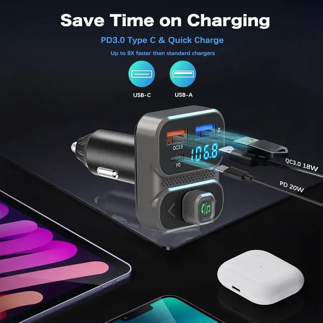 Alt view image 2 of 7 - Bluetooth 5.0 FM Transmitter for Car, Built-in Microphone, USB Charging Port, Black, BC95LK