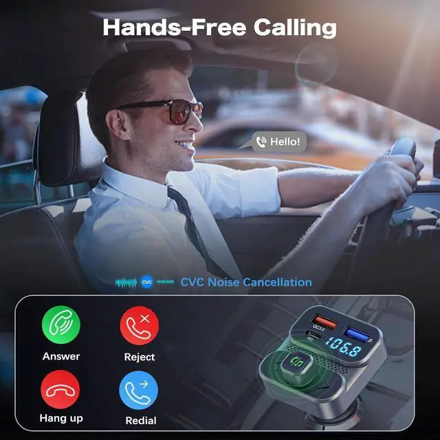 Alt view image 4 of 7 - Bluetooth 5.0 FM Transmitter for Car, Built-in Microphone, USB Charging Port, Black, BC95LK