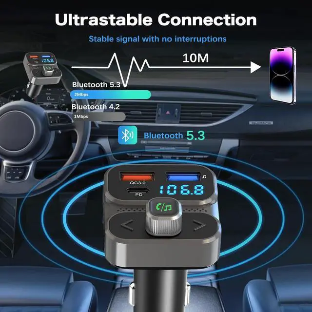 Alt view image 5 of 7 - Bluetooth 5.0 FM Transmitter for Car, Built-in Microphone, USB Charging Port, Black, BC95LK