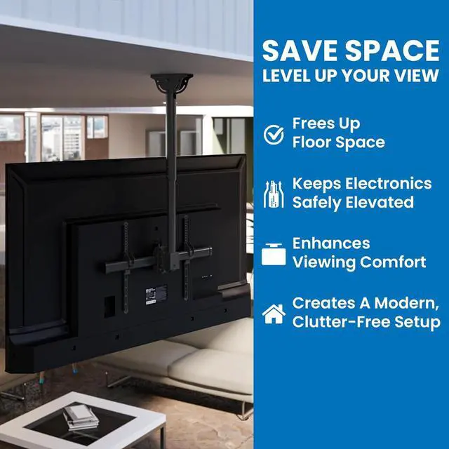 Alt view image 2 of 7 - Mount-It! TV Ceiling Mount Bracket, Adjustable Height Full Motion 360 Deg Rotation Tilting Swiveling for Flat Panel LCD LED OLED Plasma TVs, Fits up to 75 Inch 110 Pound Capacity, Black (MI-509B)