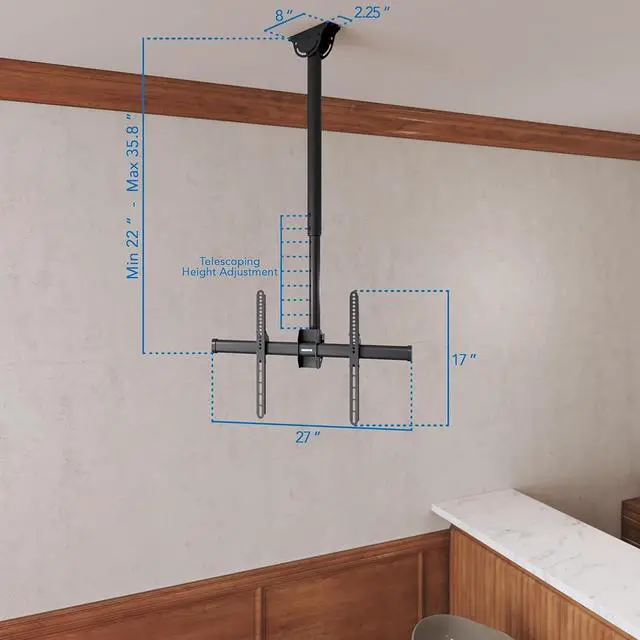 Alt view image 7 of 7 - Mount-It! TV Ceiling Mount Bracket, Adjustable Height Full Motion 360 Deg Rotation Tilting Swiveling for Flat Panel LCD LED OLED Plasma TVs, Fits up to 75 Inch 110 Pound Capacity, Black (MI-509B)