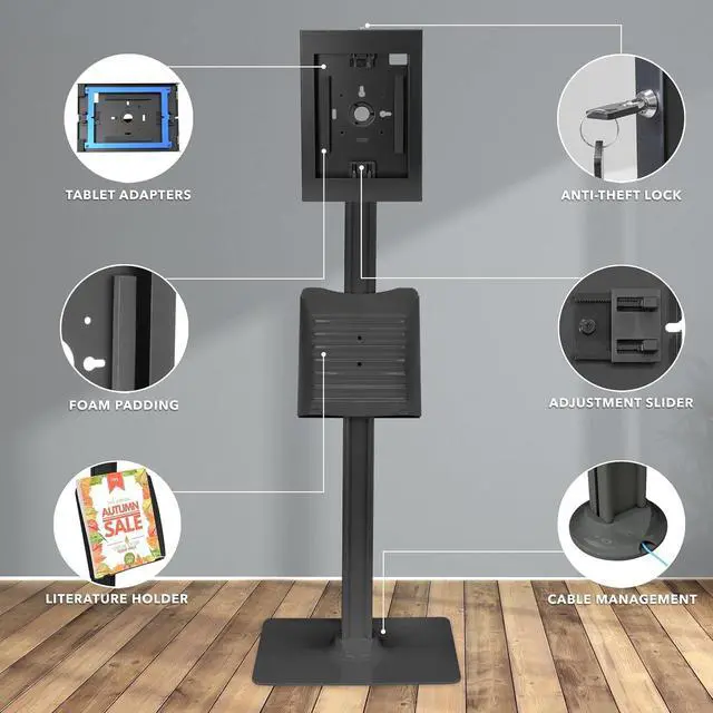 Alt view image 4 of 7 - Mount-It! Anti-Theft Floor Stand Compatible with iPad, Contact-Less Kiosk with Universal Enclosure for iPads, Adjustable Locking Secure Tablet Mount for iPad Gen 7 to 10, Pro, Air, Black