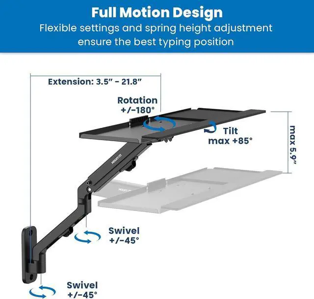 Alt view image 3 of 7 - Mount-It! Keyboard Wall Mount with Pole Option, Adjustable Keyboard and Mouse Tray with Spring Arm, Full Motion Swivel Tilt Extension, Ergonomic Workstation for Medical, Office, and Sim Racing
