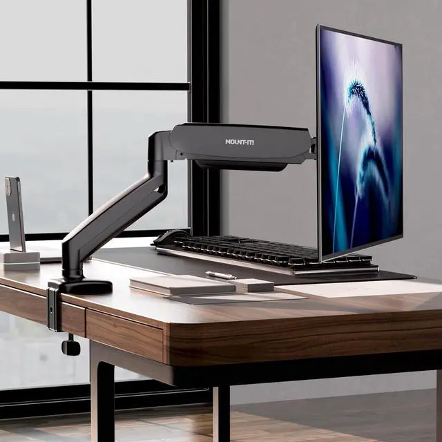 Alt view image 2 of 7 - Mount-It! Monitor Arm  Single Monitor Desk Mount, Articulating Gas Spring Arm, Fully Adjustable 13"-32" Screens, VESA 75x75 100x100, Clamp & Grommet Base, Holds 17.6 lbs