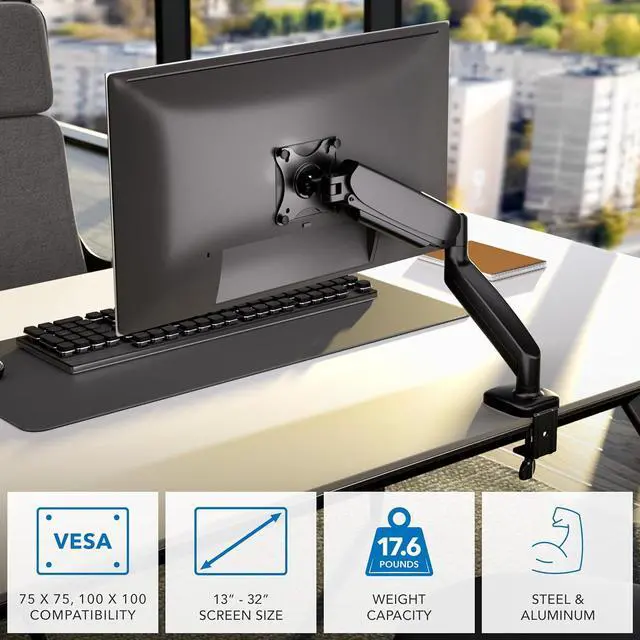 Alt view image 3 of 7 - Mount-It! Monitor Arm  Single Monitor Desk Mount, Articulating Gas Spring Arm, Fully Adjustable 13"-32" Screens, VESA 75x75 100x100, Clamp & Grommet Base, Holds 17.6 lbs