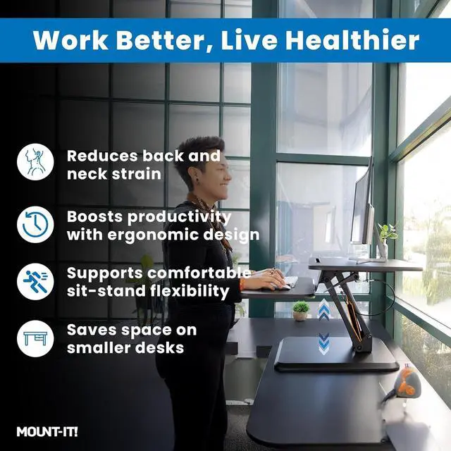 Alt view image 4 of 7 - Mount-It! Standing Desk Converter, Compact 25" Sit Stand Desk Riser with Gas Spring Lift, Adjustable Height Desktop Riser for Laptop, Monitor, and Keyboard, Small Home Office Desk Converter