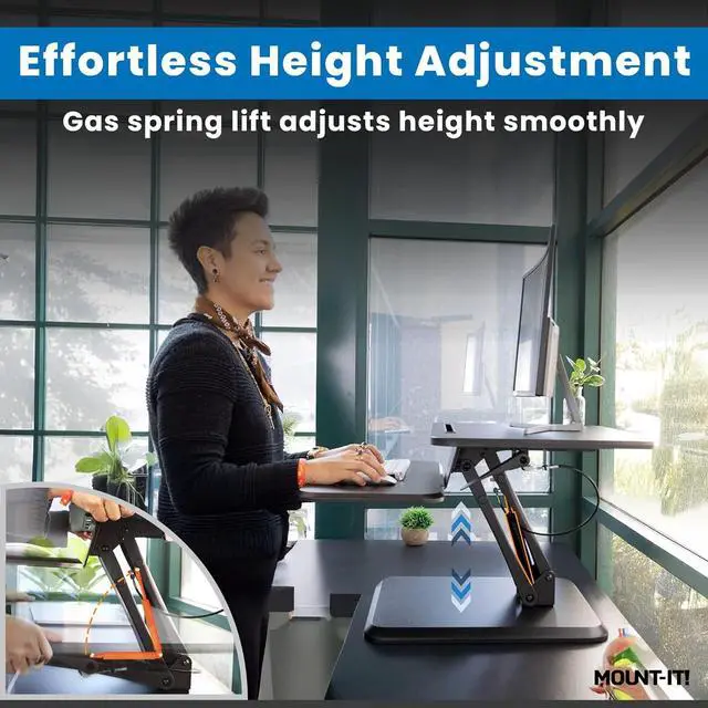 Alt view image 6 of 7 - Mount-It! Standing Desk Converter, Compact 25" Sit Stand Desk Riser with Gas Spring Lift, Adjustable Height Desktop Riser for Laptop, Monitor, and Keyboard, Small Home Office Desk Converter