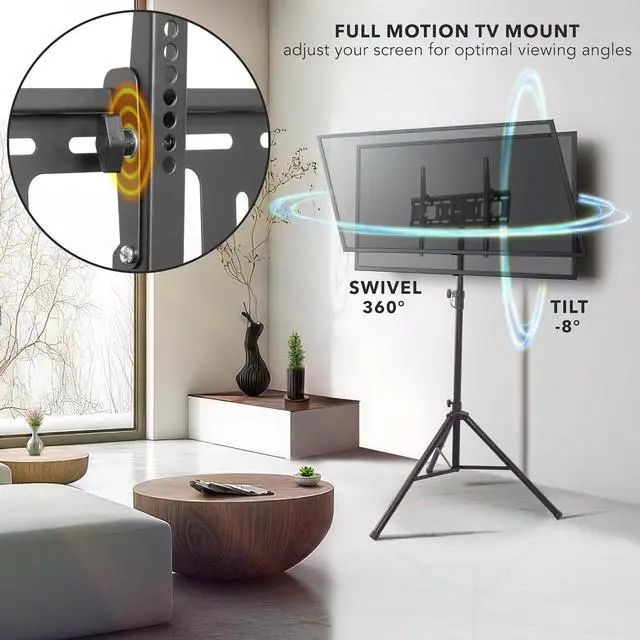 Alt view image 3 of 7 - Mount-It! Tripod TV Stand  Portable TV Tripod for Flat Screens 32-70 Inch  Indoor/Outdoor Height Adjustable Stand, VESA 200x200 to 600x400, for LCD, LED, OLED, Curved TVs, Holds up to 77lbs