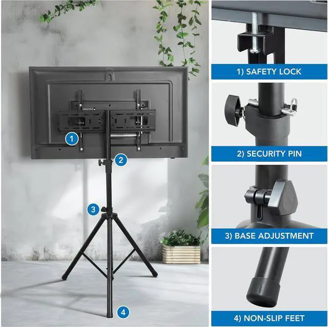 Alt view image 5 of 7 - Mount-It! Tripod TV Stand  Portable TV Tripod for Flat Screens 32-70 Inch  Indoor/Outdoor Height Adjustable Stand, VESA 200x200 to 600x400, for LCD, LED, OLED, Curved TVs, Holds up to 77lbs