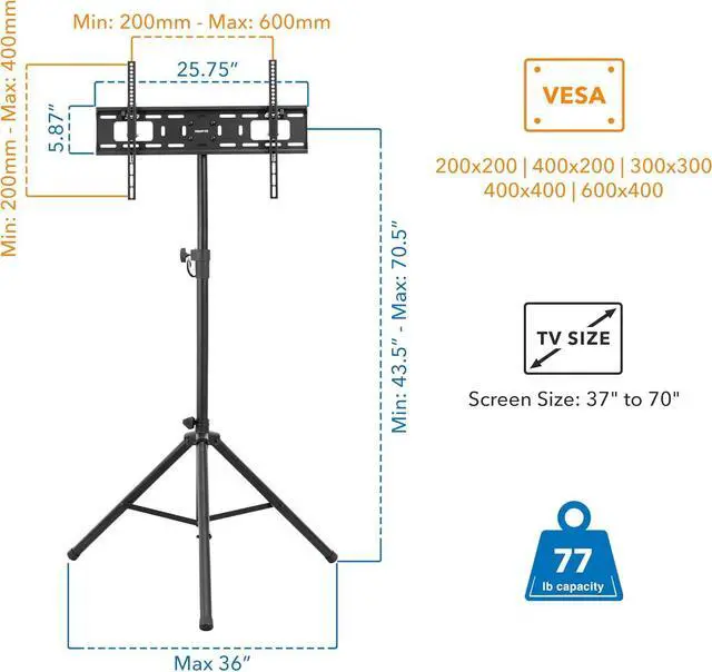 Alt view image 6 of 7 - Mount-It! Tripod TV Stand  Portable TV Tripod for Flat Screens 32-70 Inch  Indoor/Outdoor Height Adjustable Stand, VESA 200x200 to 600x400, for LCD, LED, OLED, Curved TVs, Holds up to 77lbs