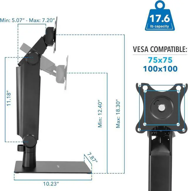Alt view image 7 of 7 - Mount-It! Freestanding Single Monitor Arm 17" to 32", Height Adjustable, Tension Adjustable Spring Mechanism Monitor Stand, Max VESA 100x100, Swivel, Rotation, Instant Height Adjustment, Black