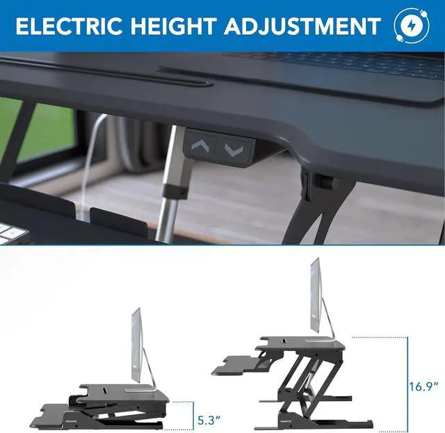 Alt view image 3 of 7 - Mount-It! Electric Standing Desk Converter with 38" Tabletop, Height Adjustable Sit Stand Desk Riser, Motorized Desk Riser with Keyboard Tray and Device Slot, Fits Monitor & Laptop, Black
