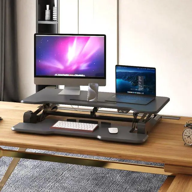 Alt view image 5 of 7 - Mount-It! Electric Standing Desk Converter with 38" Tabletop, Height Adjustable Sit Stand Desk Riser, Motorized Desk Riser with Keyboard Tray and Device Slot, Fits Monitor & Laptop, Black