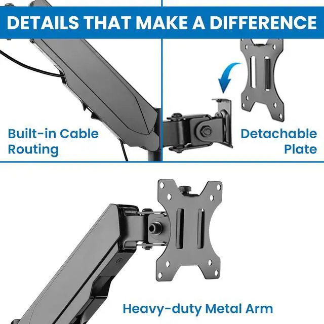 Alt view image 3 of 7 - Mount-It! Monitor Wall Mount with Full Motion Gas Spring Arm | Height Adjustable Bracket for Flat Panel Screens Up to 32" | Fits VESA 75 and 100, 17.6 Lbs Capacity, Black