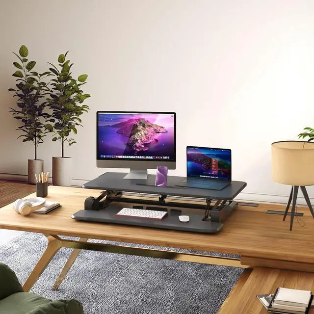 Alt view image 2 of 7 - Mount-It! Electric Standing Desk Converter 35.4" Quick Sit Stand Desk Riser, Computer Workstation Motorized Easy Convertor with Built-in USB Charging Port, Ergonomic Height Adjustable in Black