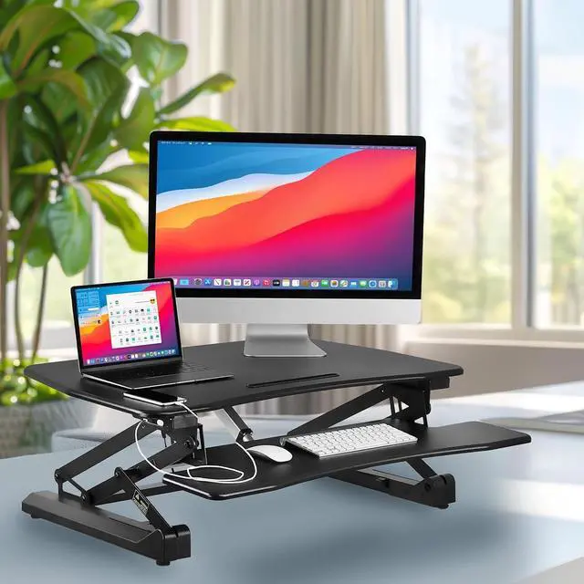 Alt view image 4 of 7 - Mount-It! Electric Standing Desk Converter 35.4" Quick Sit Stand Desk Riser, Computer Workstation Motorized Easy Convertor with Built-in USB Charging Port, Ergonomic Height Adjustable in Black