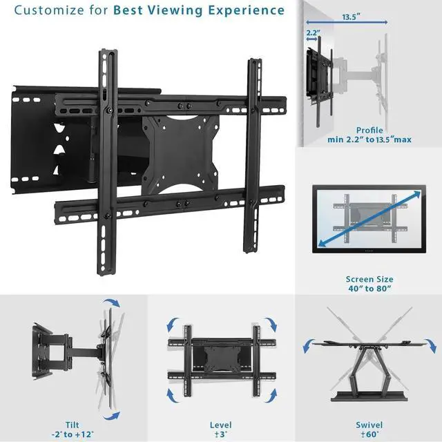 Alt view image 3 of 7 - Mount-It! Full Motion TV Wall Mount with Dual Articulating Arms | Universal TV Wall Mount Bracket Fits 32, 42, 50, 55, 60, 70, 82 Inch TVs Up to 132lbs | Heavy-Duty Steel | VESA 100x100 to 600x400mm