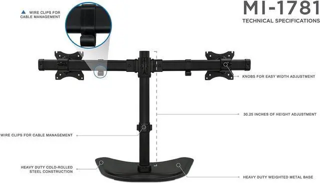 Alt view image 5 of 7 - Mount-It! Free Standing Dual Monitor Stand | Double Monitor Desk Mount | Fits Two x 19 20 21 22 23 24 27 Inch Computer Screens | 2 Heavy Duty Height Adjustable Arms | VESA Compatible 75 100