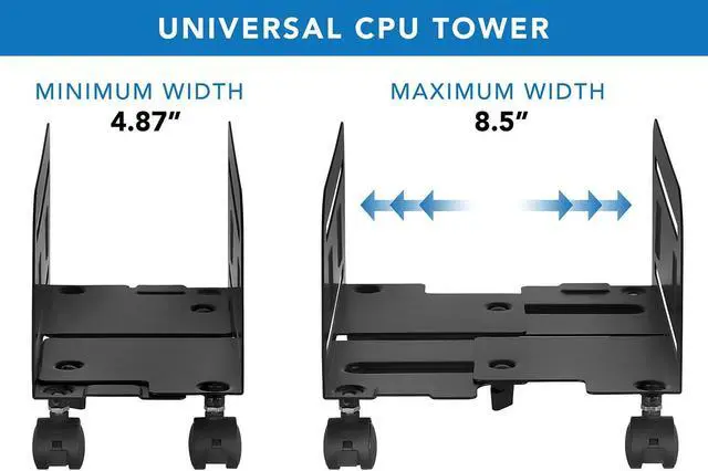 Alt view image 5 of 7 - Mount-It! Computer Tower Stand, Adjustable Mobile CPU Stand with Wheels, Heavy-Duty Steel Rolling Cart, Fits Most PC Towers, 4.87 to 8.5 Inch Width, Under Desk, Black