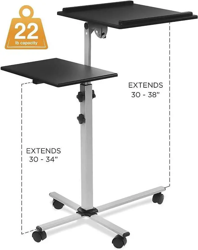 Alt view image 3 of 7 - Mount-It! Projector Stand Mobile Projector Cart with Laptop Shelf on Wheels, Heavy Duty Two Shelves Height Adjustable Laptop and Projector Presentation Trolley in Black