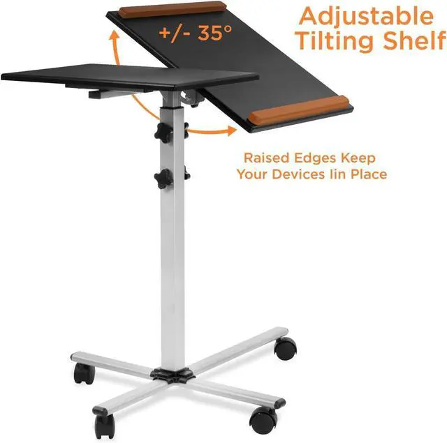 Alt view image 6 of 7 - Mount-It! Projector Stand Mobile Projector Cart with Laptop Shelf on Wheels, Heavy Duty Two Shelves Height Adjustable Laptop and Projector Presentation Trolley in Black