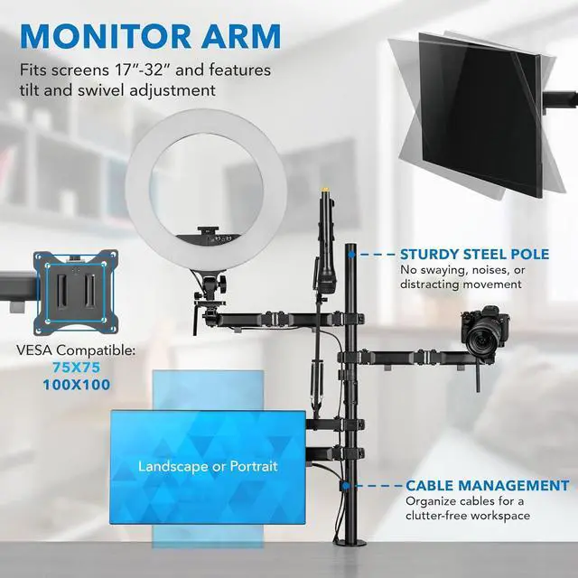 Alt view image 6 of 7 - Mount-It! All-in-One Streaming Desk Mount  4 Arm Setup for Monitor, Camera, Ring Light & Mic  Live Stream Equipment for YouTube, Podcast, Gaming, Zoom  VESA Compatible, Clamp/Grommet Base