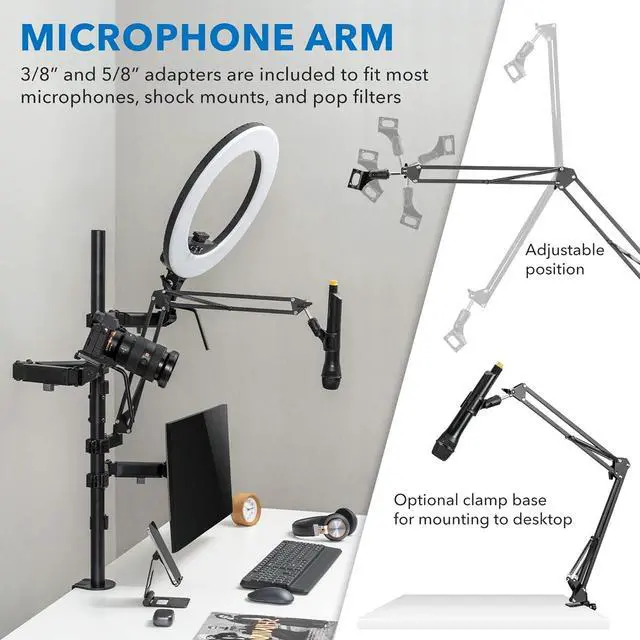 Alt view image 7 of 7 - Mount-It! All-in-One Streaming Desk Mount  4 Arm Setup for Monitor, Camera, Ring Light & Mic  Live Stream Equipment for YouTube, Podcast, Gaming, Zoom  VESA Compatible, Clamp/Grommet Base