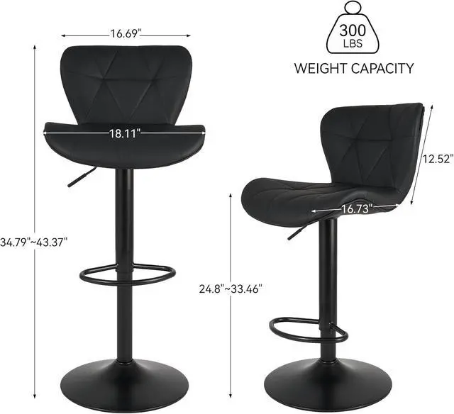 Alt view image 2 of 7 - Modern Bar Stools Set of 2, Adjustable Faux Leather Upholstered Swivel Bar Stools, Counter Height Bar Chairs with Back for Kitchen Island, Black
