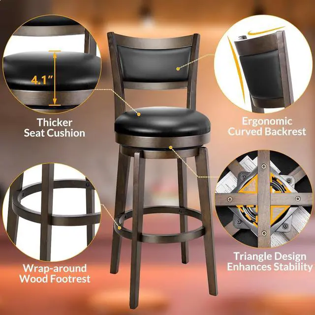 Alt view image 5 of 7 - PrimeZone Swivel Bar Stools Set of 4, 30 Inch Bar Height Barstools, Black Faux Leather Bar Stool with High Backrest & Solid Wood Legs & Wrap-Around Footrest, Counter Stools for Kitchen Island, Pub