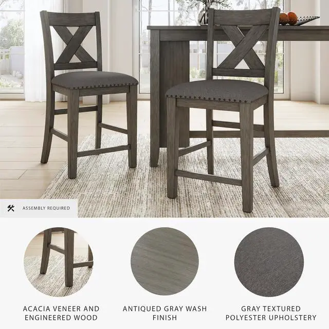 Alt view image 4 of 7 - Signature Design by Ashley Caitbrook Rustic 24.63" Counter Height Upholstered Barstool, Set of 2, Gray