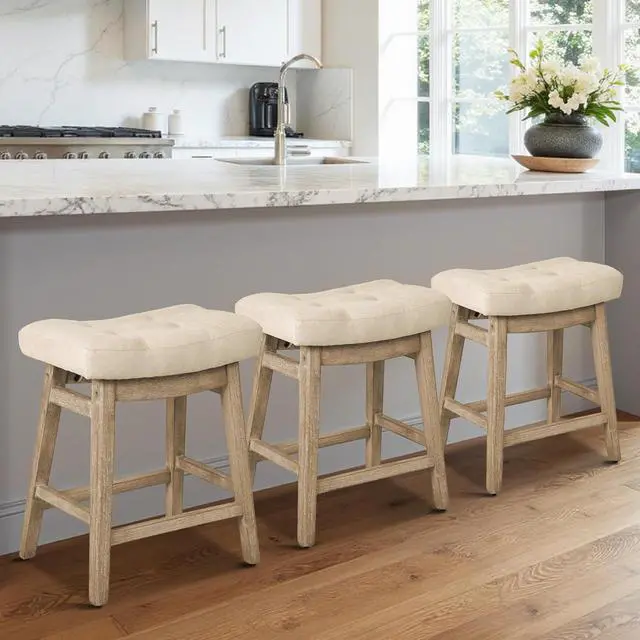 Main image of Counter Height Bar Stools Set of 3 for Kitchen Counter Farmhouse Modern Barstools with Upholstered Fabric Backless Seat and Solid Wood Legs 24 inch Bar Chairs, Khaki + Wood Color