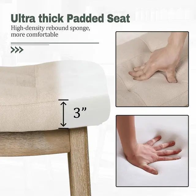 Alt view image 3 of 7 - Counter Height Bar Stools Set of 3 for Kitchen Counter Farmhouse Modern Barstools with Upholstered Fabric Backless Seat and Solid Wood Legs 24 inch Bar Chairs, Khaki + Wood Color