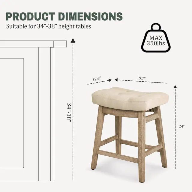 Alt view image 2 of 7 - Counter Height Bar Stools Set of 3 for Kitchen Counter Farmhouse Modern Barstools with Upholstered Fabric Backless Seat and Solid Wood Legs 24 inch Bar Chairs, Khaki + Wood Color