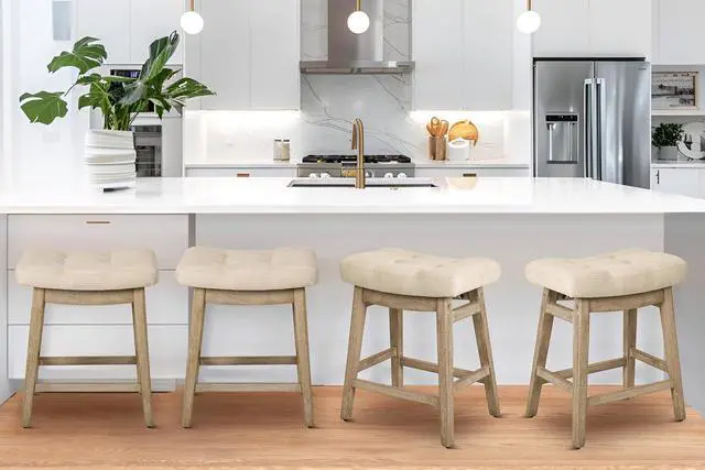 Alt view image 6 of 7 - Counter Height Bar Stools Set of 3 for Kitchen Counter Farmhouse Modern Barstools with Upholstered Fabric Backless Seat and Solid Wood Legs 24 inch Bar Chairs, Khaki + Wood Color