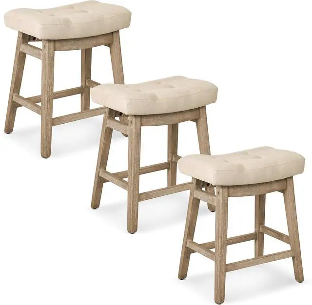 Alt view image 7 of 7 - Counter Height Bar Stools Set of 3 for Kitchen Counter Farmhouse Modern Barstools with Upholstered Fabric Backless Seat and Solid Wood Legs 24 inch Bar Chairs, Khaki + Wood Color