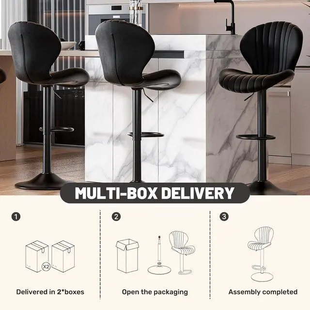 Alt view image 5 of 7 - Bar Stools Set of 3 Modern Swivel Bar Chairs, Barstools Counter Height with High Backrest, Easy 3-5 Minute Assembly for Bar, Kitchen, Dining Room Black