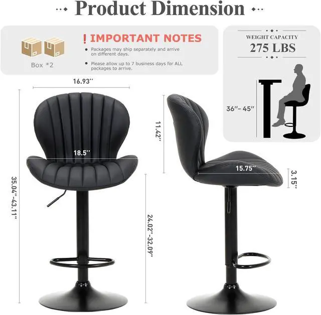 Alt view image 2 of 7 - COLAMY Bar Stools Set of 4, Modern Swivel Bar Chairs, Adjustable Faux Leather Upholstered Barstools Counter Height with High Backrest for Bar, Kitchen Island, Dining Room, Black