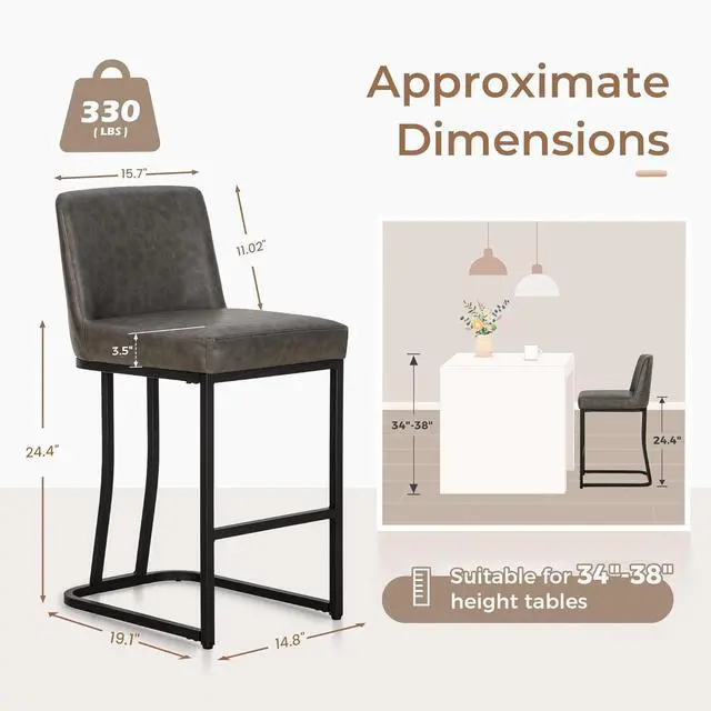 Alt view image 2 of 7 - MAISON ARTS Counter Height Bar Stools with Back Set of 4 for Kitchen Counter, 24 Inch Modern Upholstered Faux Leather Barstools Farmhouse Bar Chairs Luxury Island Stools Support 330LBS, Grey