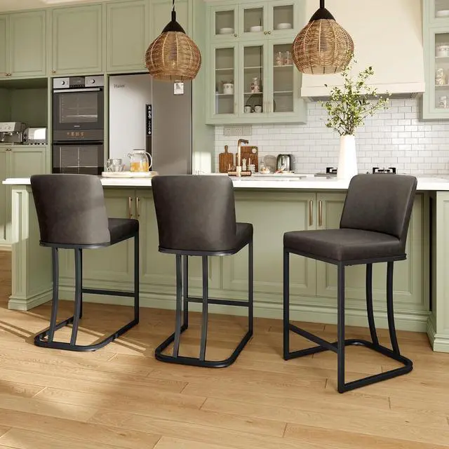 Alt view image 4 of 7 - MAISON ARTS Counter Height Bar Stools with Back Set of 4 for Kitchen Counter, 24 Inch Modern Upholstered Faux Leather Barstools Farmhouse Bar Chairs Luxury Island Stools Support 330LBS, Grey