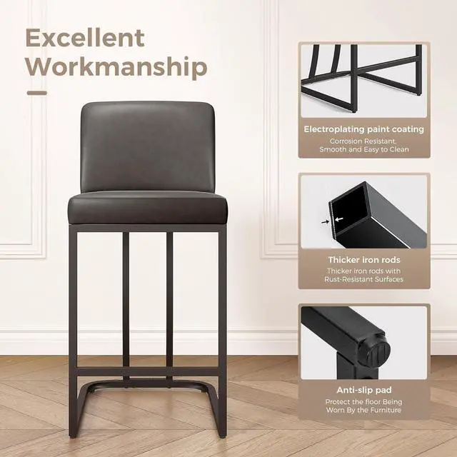 Alt view image 7 of 7 - MAISON ARTS Counter Height Bar Stools with Back Set of 4 for Kitchen Counter, 24 Inch Modern Upholstered Faux Leather Barstools Farmhouse Bar Chairs Luxury Island Stools Support 330LBS, Grey