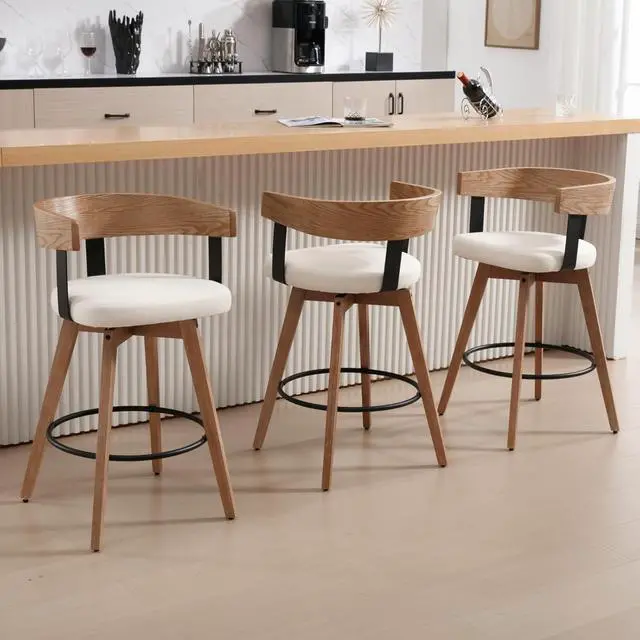 Alt view image 4 of 7 - DUOMAY Swivel Bar Stools Set of 4-26" Counter Height Bar Stool with Footrest - Modern Wood Barstools with Linen Upholstered Seat - 360-Degree Swivel Stool for Kitchen Island Home Bar - White