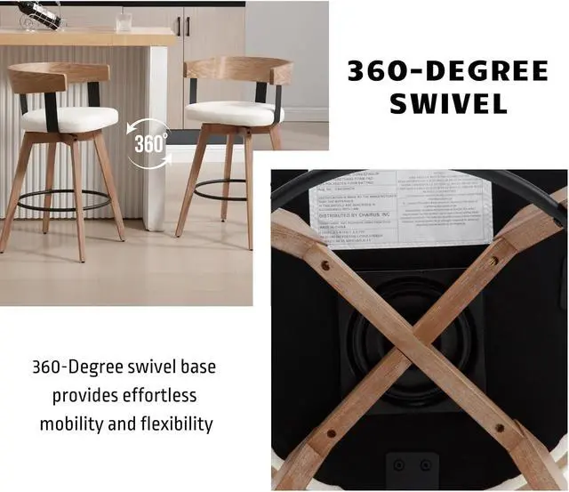 Alt view image 5 of 7 - DUOMAY Swivel Bar Stools Set of 4-26" Counter Height Bar Stool with Footrest - Modern Wood Barstools with Linen Upholstered Seat - 360-Degree Swivel Stool for Kitchen Island Home Bar - White
