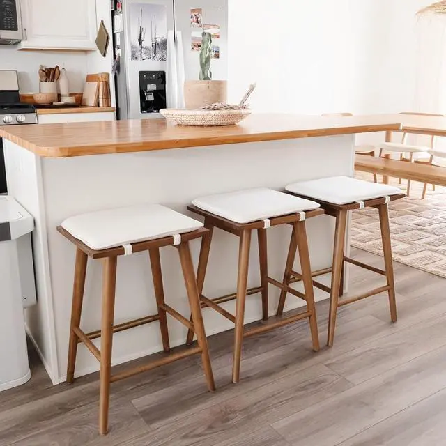 Alt view image 5 of 7 - Nathan James Barker Counter Height Solid Wood Barstool with Upholstered Cushion, Backless Island Stool with Rubberwood Legs and Natural Textured Linen Upholstery for Kitchen, Brown/White, Set of 2