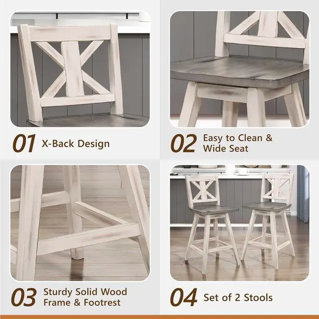 Alt view image 6 of 7 - Solid Wood High Back Swivel Counter Height Bar Stools Set of 2, Kitchen Stools Counter Height, Foot Rest, X Back, Tall Wooden Armless Dining Chairs For Kitchen Island, Farmhouse, Rustic, White