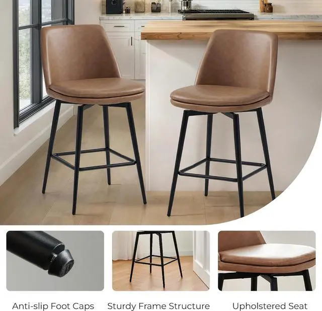 Alt view image 4 of 7 - CHITA Swivel Bar Stools, 27.2" Counter Height Bar Stools Set of 3, FSC Certified Upholstered Modern Counter Stools, Metal Legs, Faux Leather, Saddle Brown